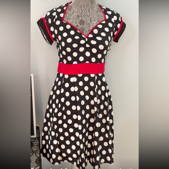 Sourpuss Dresses & Skirts - Sourpuss Black and White Polka Dot Mini Dress with Red Accents
